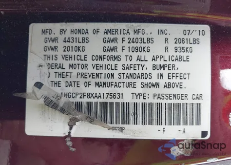 2010 Honda Accord 2.4 Ex-L из США, поврежденный, VIN 1HGCP2F8XAA175631